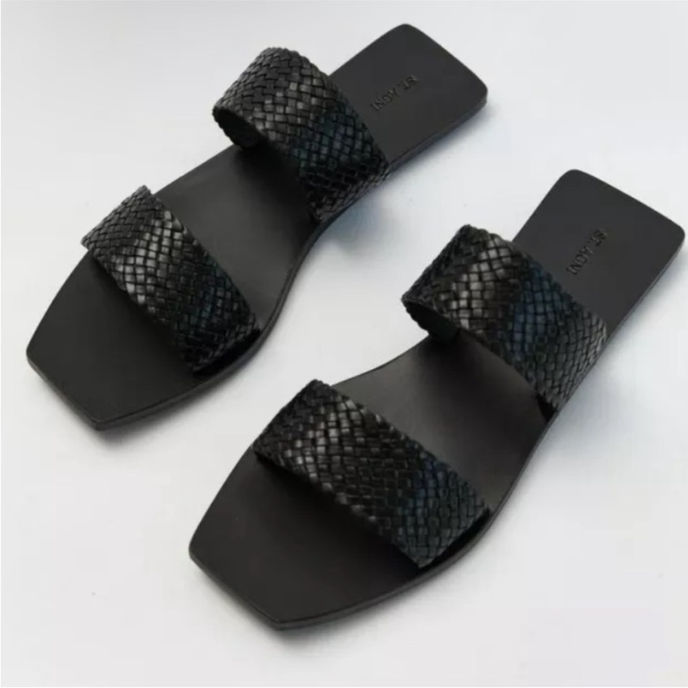 St. Agni 38 Clea Black Woven Double Strap Slide Sandal
